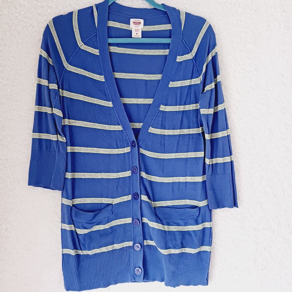 Sweater Missimo Cardigan Button Long Line Duster Purple Pockets LS Stripe Sz M